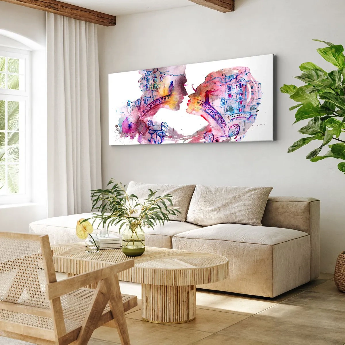 Quadro su tela - Stampe su Tela - Un acquerello romantico che raffigura le sagome degli innamorati - 140x50cm - Misterioso ponte dei sospiri - Decorazione murale moderna per soggiorno e camera da letto ARTTOR