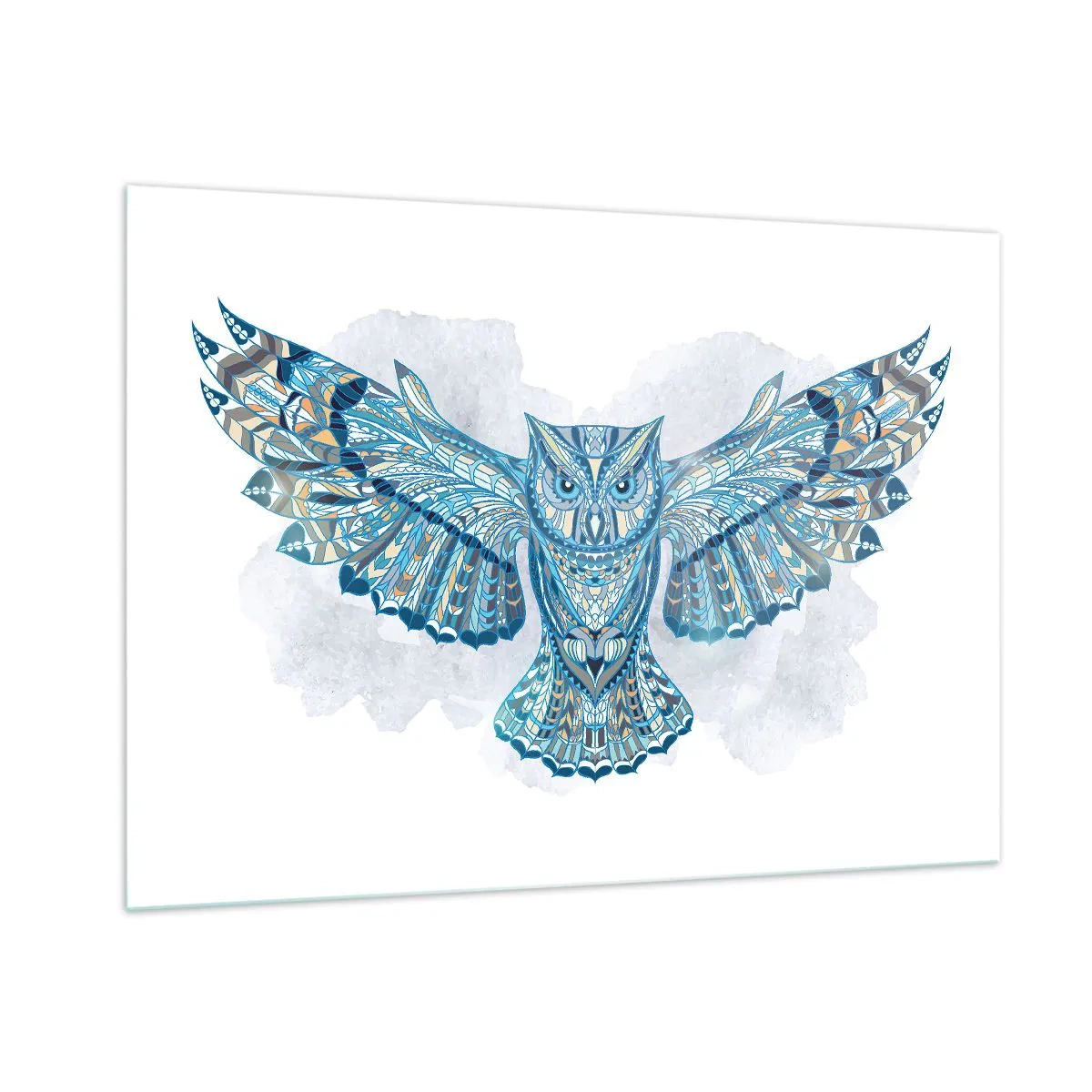 Quadro su vetro - Gufo blu con ali spiegate in stile geometrico - 100x70cm - Dal bosco sacro celtico - Decorazione murale moderna per soggiorno e camera da letto ARTTOR
