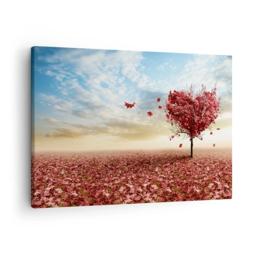 Quadro su tela - Stampe su Tela - Un albero solitario a forma di cuore in un campo di foglie rosse - 70x50cm - Ama questo autunno - Decorazione murale moderna per soggiorno e camera da letto ARTTOR