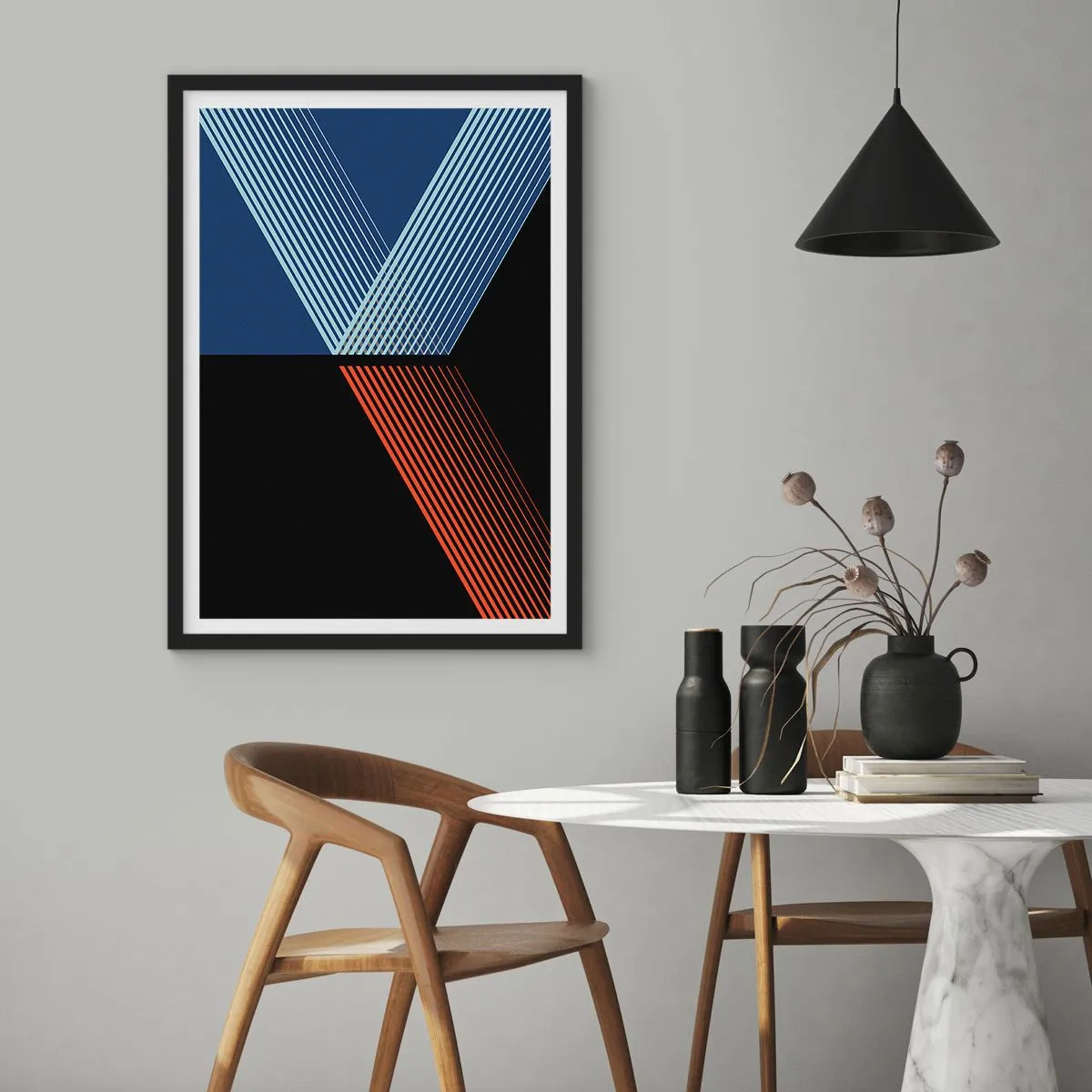Poster in cornice nera - Composizione astratta di linee in blu, nero e rosso - 50x70cm - Una storia semplice - Decorazione murale moderna per soggiorno e camera da letto ARTTOR