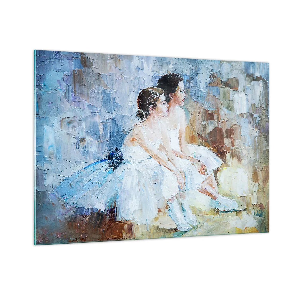 Quadro su vetro - Due ballerine in abiti bianchi su uno sfondo impressionista - 100x70cm - Il riposo dei giovani cigni - Decorazione murale moderna per soggiorno e camera da letto ARTTOR