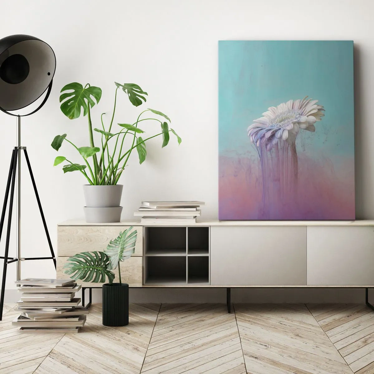 Quadro su tela - Stampe su Tela - Gerbera pastello con effetto sfocato - 50x70cm - L'aldilà dei fiori - Decorazione murale moderna per soggiorno e camera da letto ARTTOR