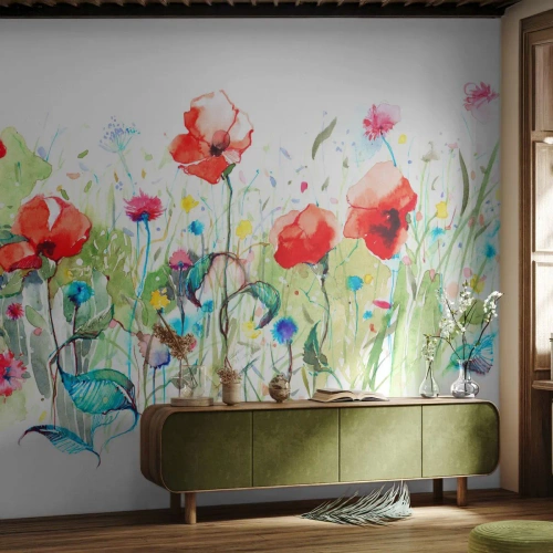 Fotomurali Premium Canvas - Il prato fiorito a maggio - Fiori, Papaveri, Giardino - 300x210 cm