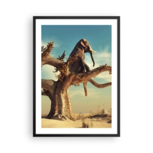 Poster in cornice nera - Un elefante seduto su un ramo d'albero in un paesaggio surreale. - 50x70cm - Nuovo punto di vista - Decorazione murale moderna per soggiorno e camera da letto ARTTOR