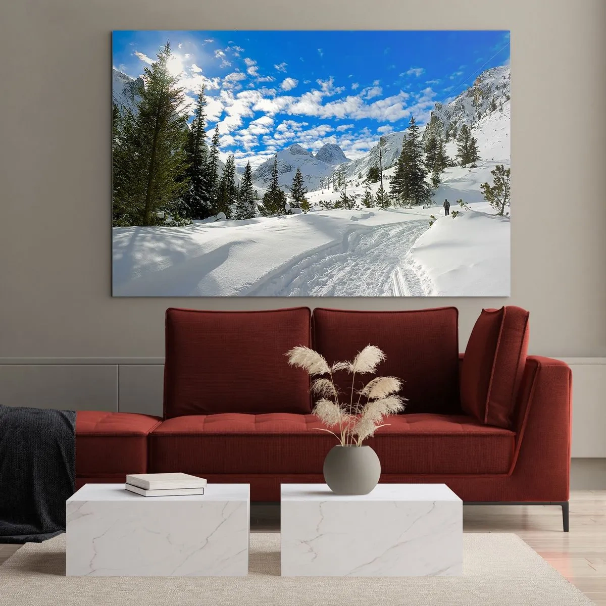 Quadro su vetro - Paesaggio montano invernale con foresta e cielo azzurro - 70x50cm - Nella neve e nel sole - Decorazione murale moderna per soggiorno e camera da letto ARTTOR