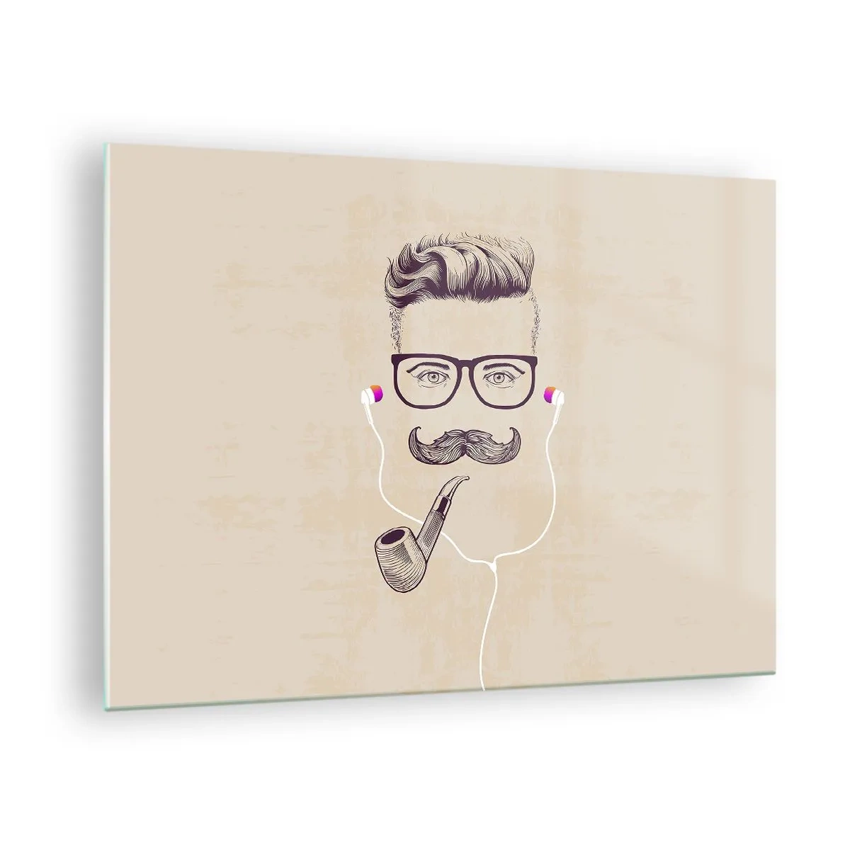 Quadro su vetro - Disegno di un uomo stilizzato con occhiali, baffi e pipa. - 70x50cm - Un vero uomo? - Decorazione murale moderna per soggiorno e camera da letto ARTTOR