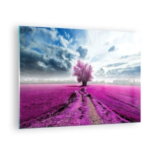 Quadro su vetro - Un albero in un campo di erica sotto un cielo dinamico - 70x50cm - Brughiera selvatica - Decorazione murale moderna per soggiorno e camera da letto ARTTOR