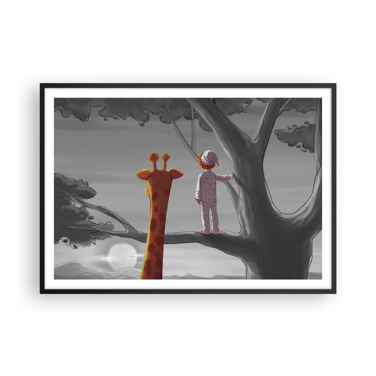 Poster in cornice nera - Un bambino e una giraffa su un ramo di un albero in un paesaggio da favola - 100x70cm - Sta succedendo davvero - Decorazione murale moderna per soggiorno e camera da letto ARTTOR
