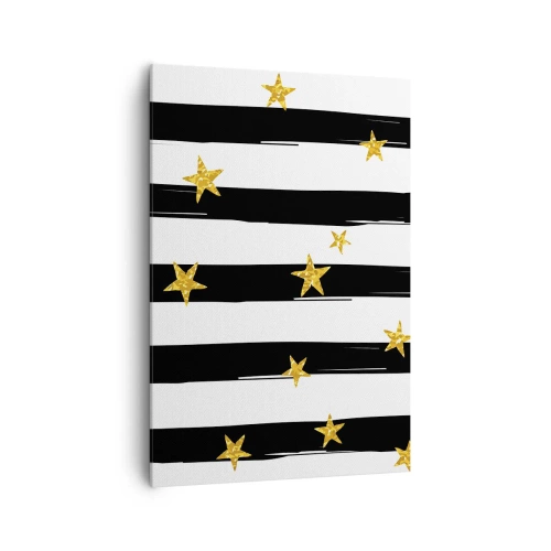 Quadro su tela - Stampe su Tela - Strisce bianche e nere con stelle dorate - 70x100cm - Siamo tutti nati sotto una buona stella - Decorazione murale moderna per soggiorno e camera da letto ARTTOR
