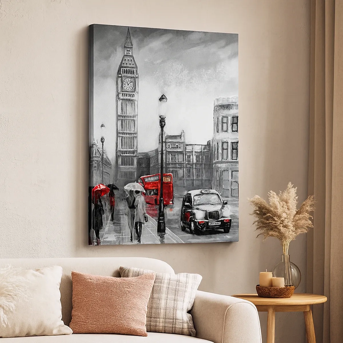 Quadro su tela - Stampe su Tela - Una scena di Londra in bianco e nero con accenti rossi - 50x70cm - Una città per niente grigia - Decorazione murale moderna per soggiorno e camera da letto ARTTOR