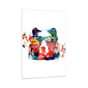 Quadro su vetro - Orso colorato con gli occhiali in stile pop art con tema musicale - 50x70cm - Mi piace! - Decorazione murale moderna per soggiorno e camera da letto ARTTOR