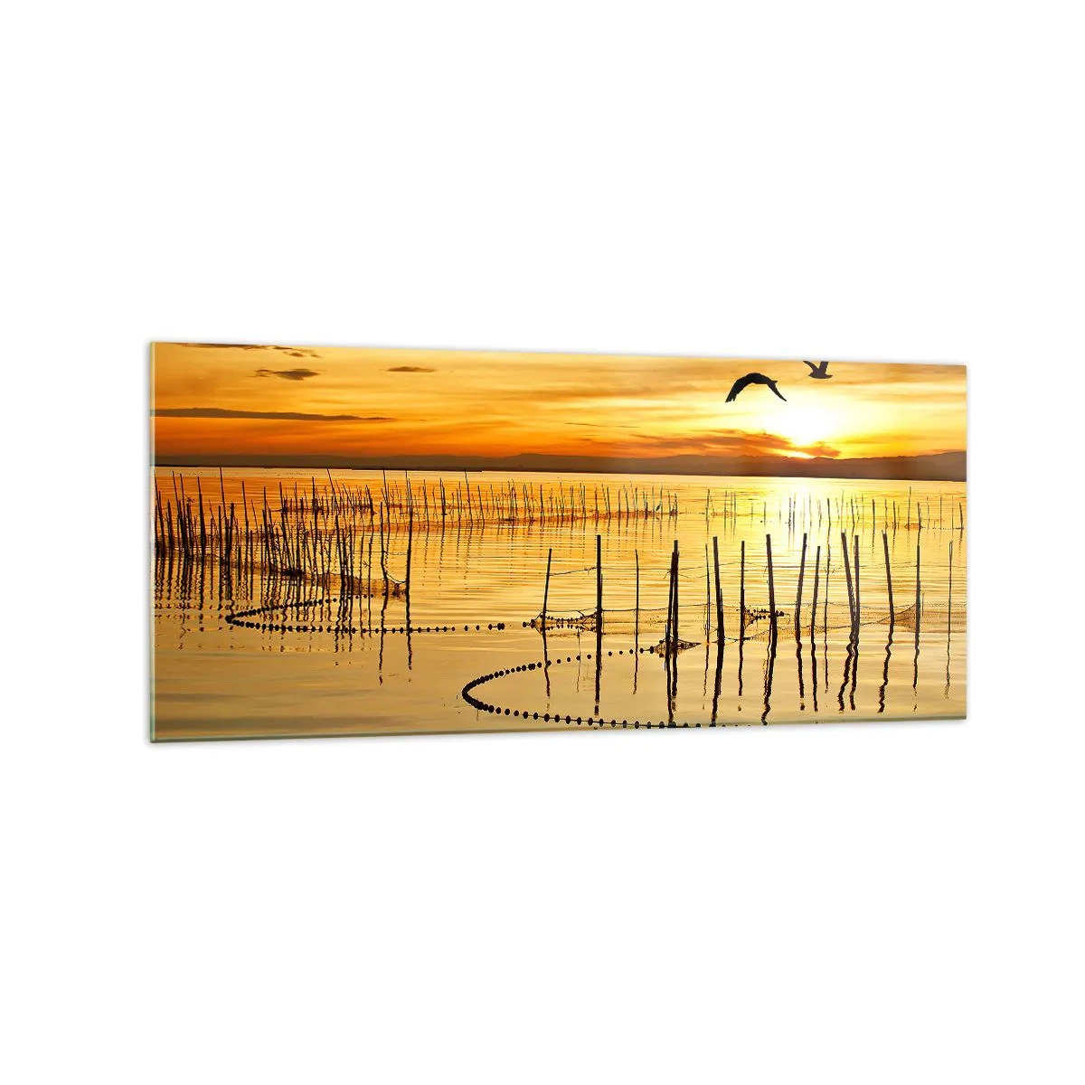 Quadro su vetro - Tramonto sull'acqua con uccelli in volo - 120x50cm - Alla pesca - Decorazione murale moderna per soggiorno e camera da letto ARTTOR
