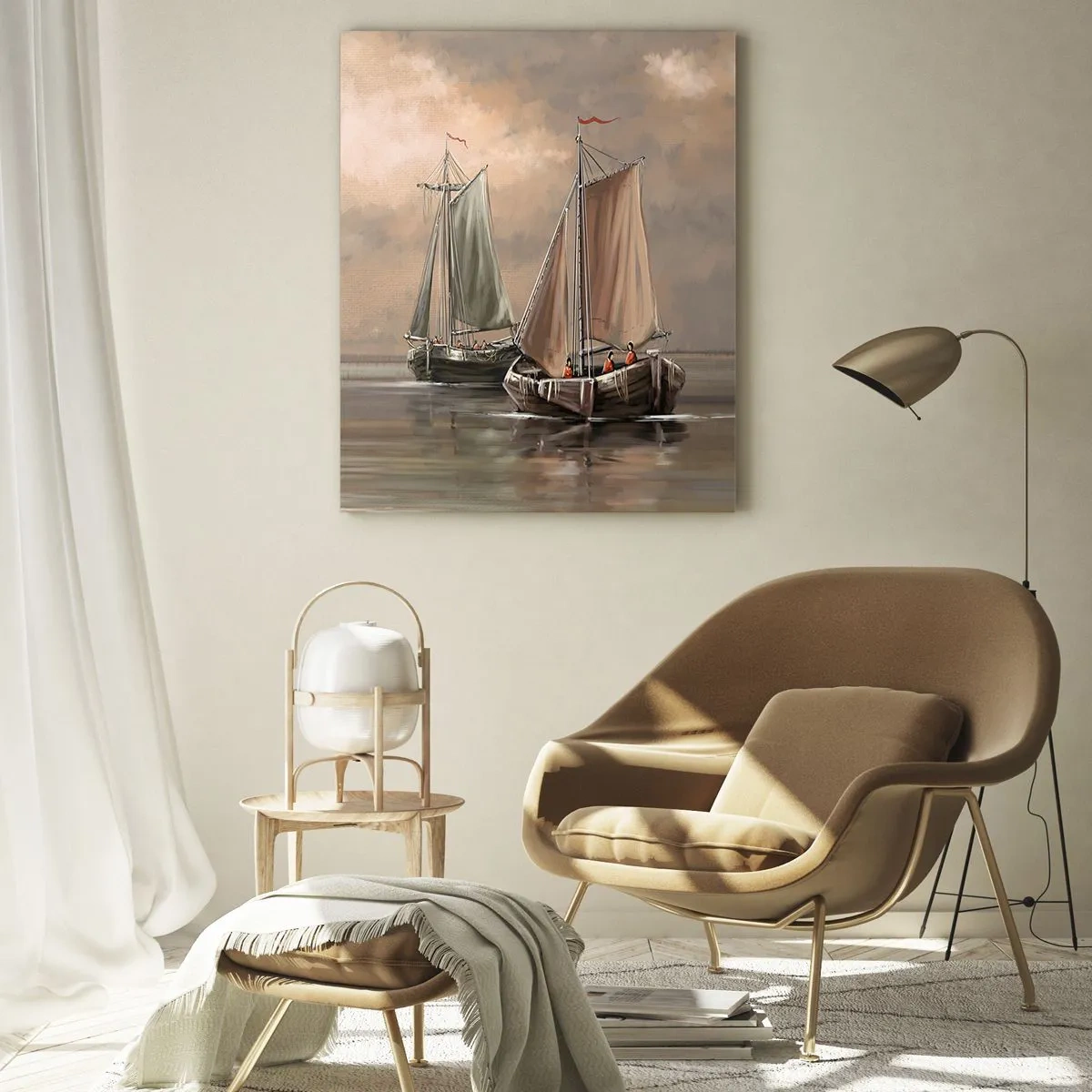 Quadro su vetro - Barche a vela su un mare calmo in un ambiente pastello - 70x100cm - Il ritorno dei marinai - Decorazione murale moderna per soggiorno e camera da letto ARTTOR