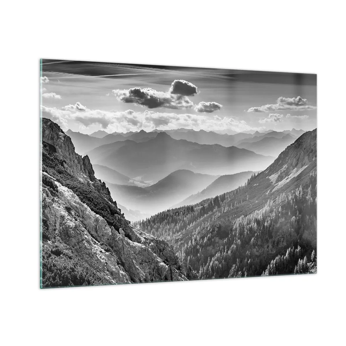 Quadro su vetro - Panorama montano in bianco e nero con vista sulla valle - 100x70cm - Fino all'orizzonte - Decorazione murale moderna per soggiorno e camera da letto ARTTOR
