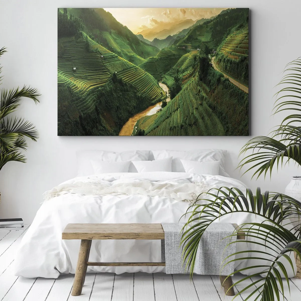 Quadro su tela - Stampe su Tela - Pittoresche terrazze di riso in una valle verde illuminata dal sole al tramonto - 70x50cm - Valle del Vietnam - Decorazione murale moderna per soggiorno e camera da letto ARTTOR