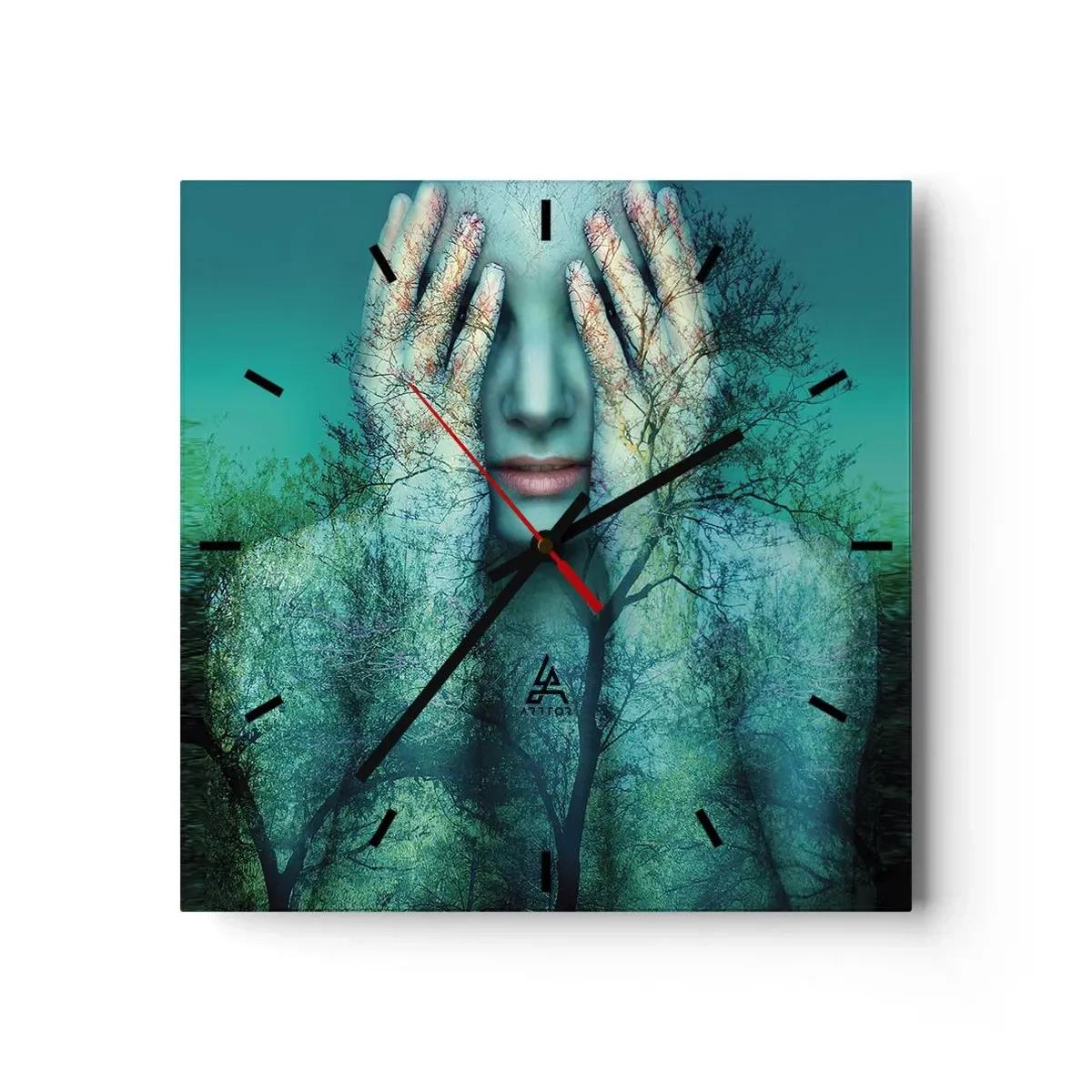 Orologio da parete - Orologio in Vetro - Una figura femminile con un motivo ad albero su uno sfondo paesaggistico turchese - 30x30cm - Immersa nel blu - Decorazione murale moderna per soggiorno e camera da letto ARTTOR