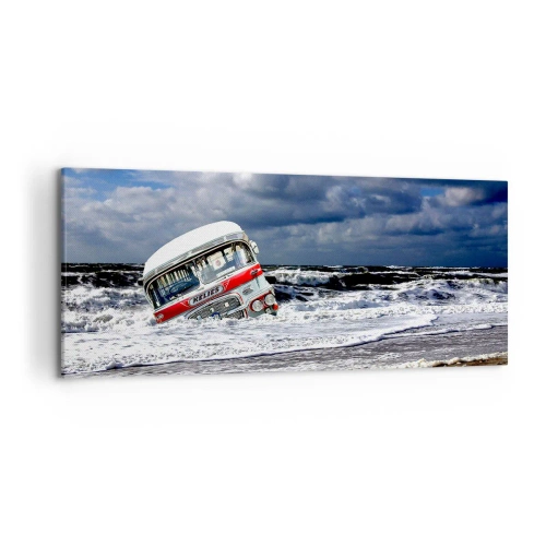 Quadro su tela - Stampe su Tela - Un autobus affondato sulla spiaggia tra onde e mare mosso - 120x50cm - Ti meravigli? - Decorazione murale moderna per soggiorno e camera da letto ARTTOR