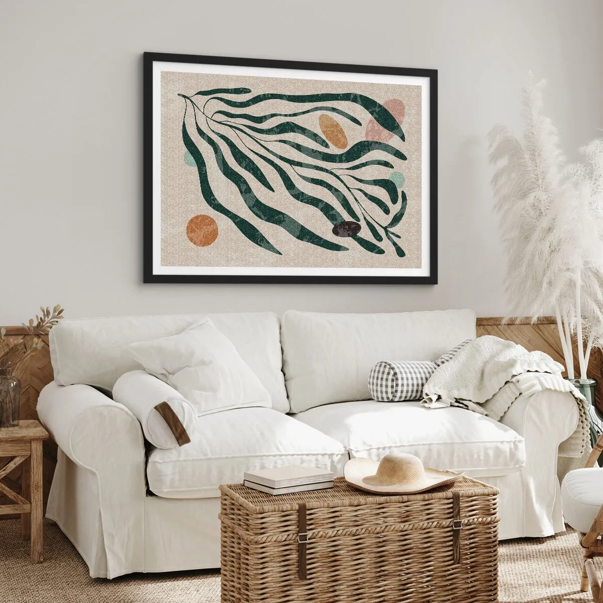 Poster in cornice nera - Linee e forme organiche in verde e beige - 70x50cm - Tra il verde - Decorazione murale moderna per soggiorno e camera da letto ARTTOR