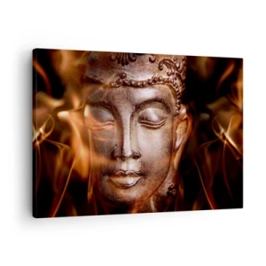 Quadro su tela - Stampe su Tela - Una statua del Buddha tra fiamme dai riflessi dorati - 70x50cm - Esiste solo qui e ora - Decorazione murale moderna per soggiorno e camera da letto ARTTOR