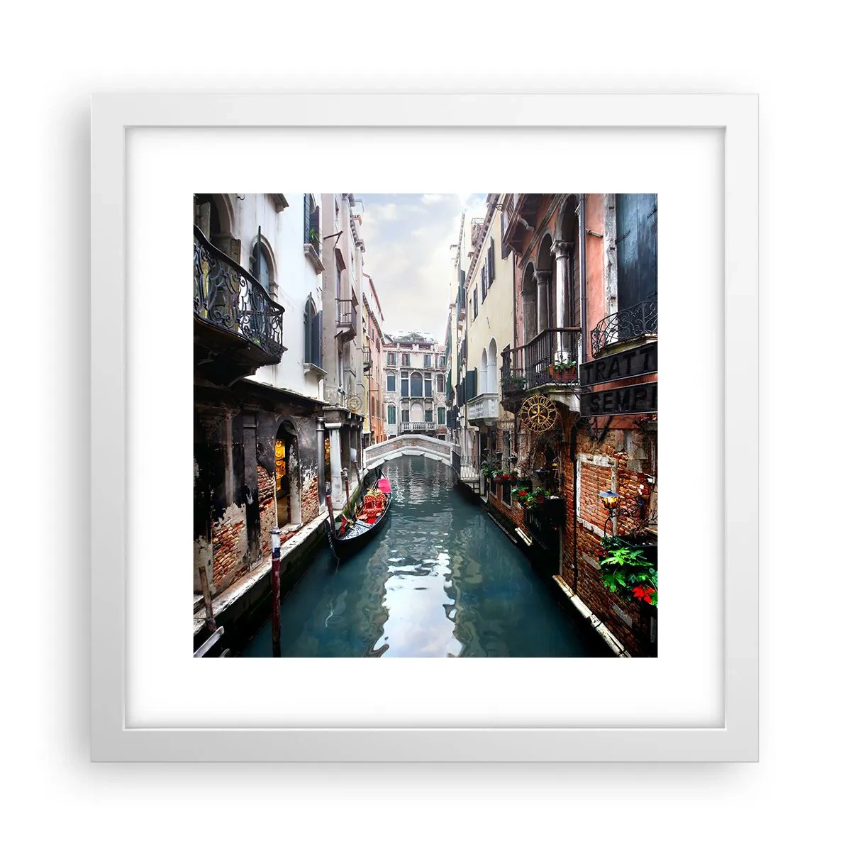 Poster in cornice bianca - Paesaggio veneziano con gondola e ponte - 30x30 cm