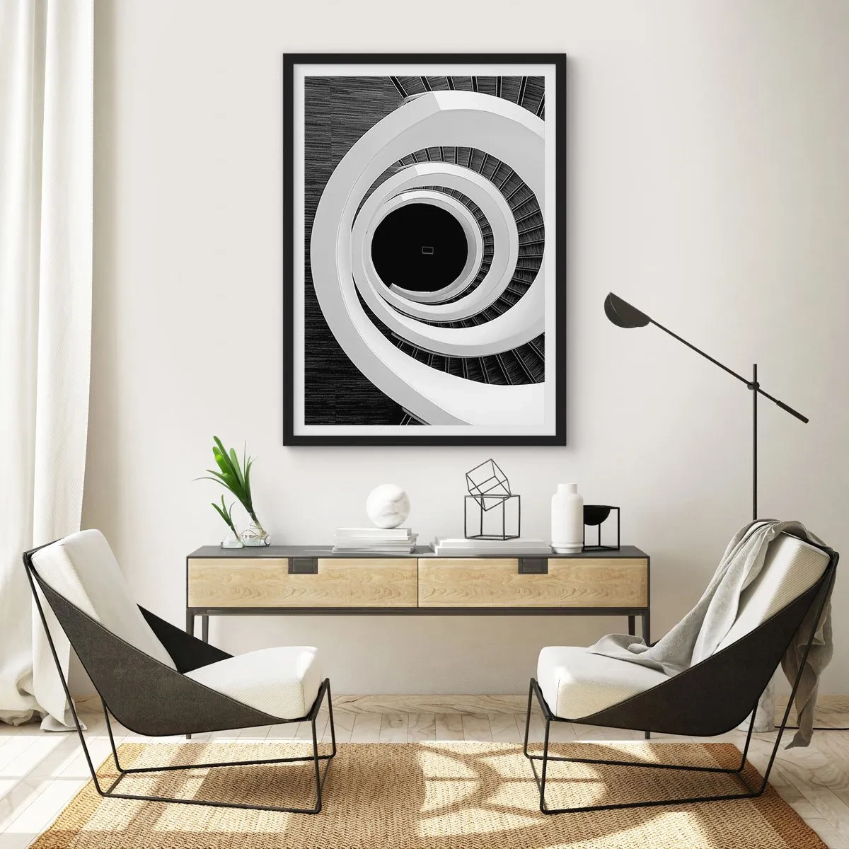 Poster in cornice nera - Una scala a chiocciola in bianco e nero con un design astratto - 50x70cm - Verso l'essenza delle cose - Decorazione murale moderna per soggiorno e camera da letto ARTTOR