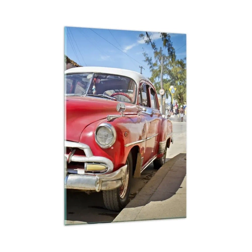 Quadro su vetro - Un'auto classica rossa parcheggiata sulla strada in una giornata di sole - 80x120cm - Ancora solamente a Cuba - Decorazione murale moderna per soggiorno e camera da letto ARTTOR