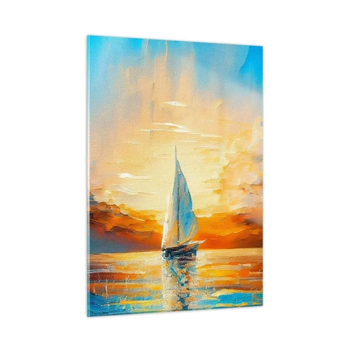 Quadro su vetro - Una barca a vela in mare alla luce del sole al tramonto - 50x70cm - Navigando nell'oro - Decorazione murale moderna per soggiorno e camera da letto ARTTOR