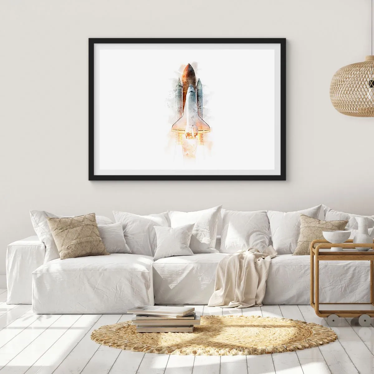 Poster in cornice nera - Un'interpretazione artistica ad acquerello di uno space shuttle in decollo - 70x50cm - La partenza degli esploratori - Decorazione murale moderna per soggiorno e camera da letto ARTTOR