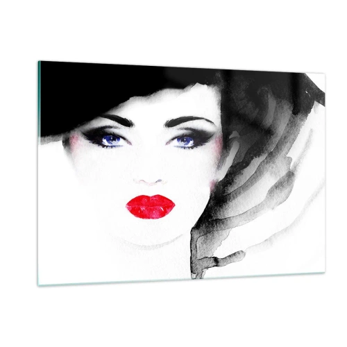Quadro su vetro - Ritratto di una donna con labbra rosse espressive e un cappello nero - 120x80cm - Respinge e richiama - Decorazione murale moderna per soggiorno e camera da letto ARTTOR