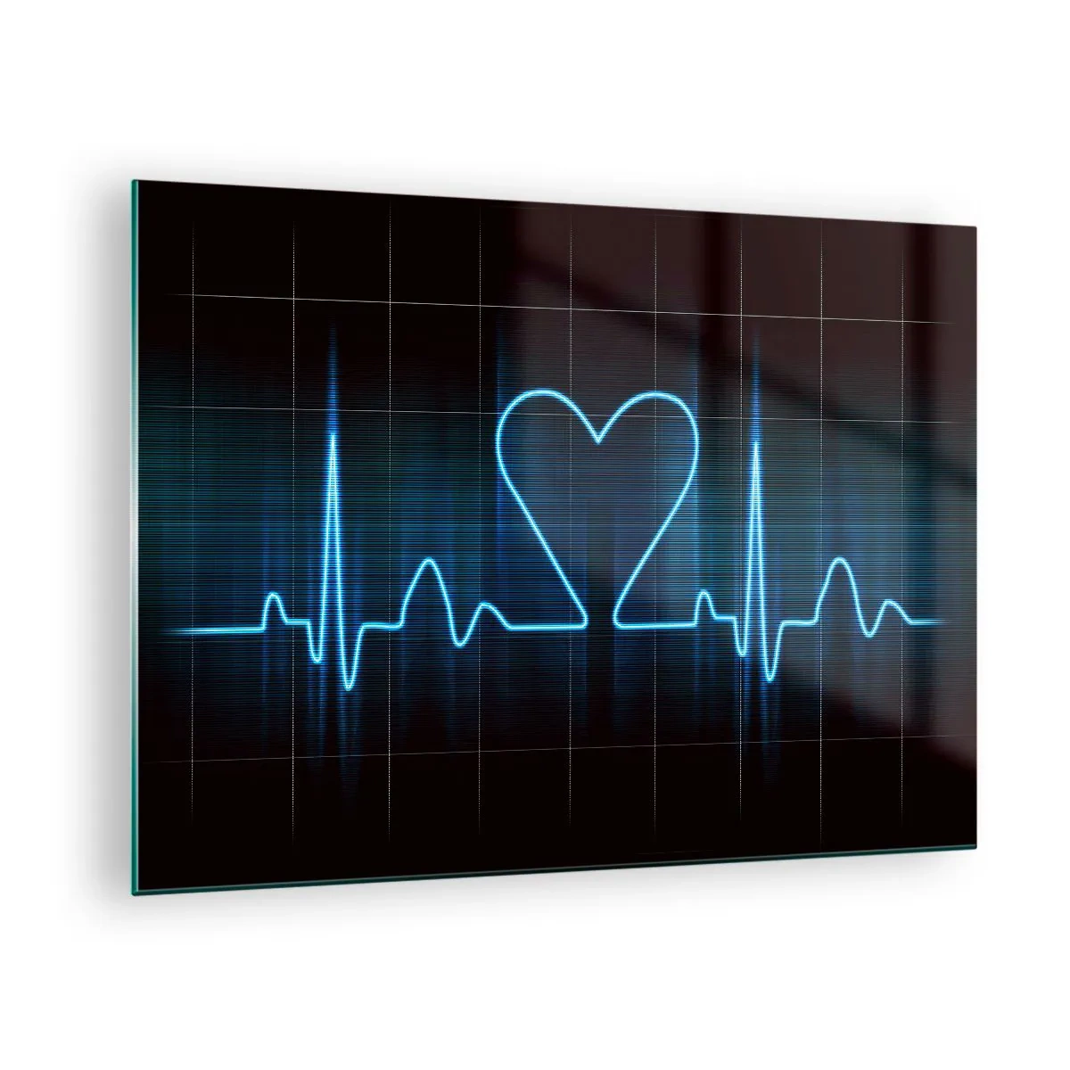 Quadro su vetro - Linea di vita con un cuore su uno sfondo scuro in luce blu - 70x50cm - Al ritmo del cuore - Decorazione murale moderna per soggiorno e camera da letto ARTTOR