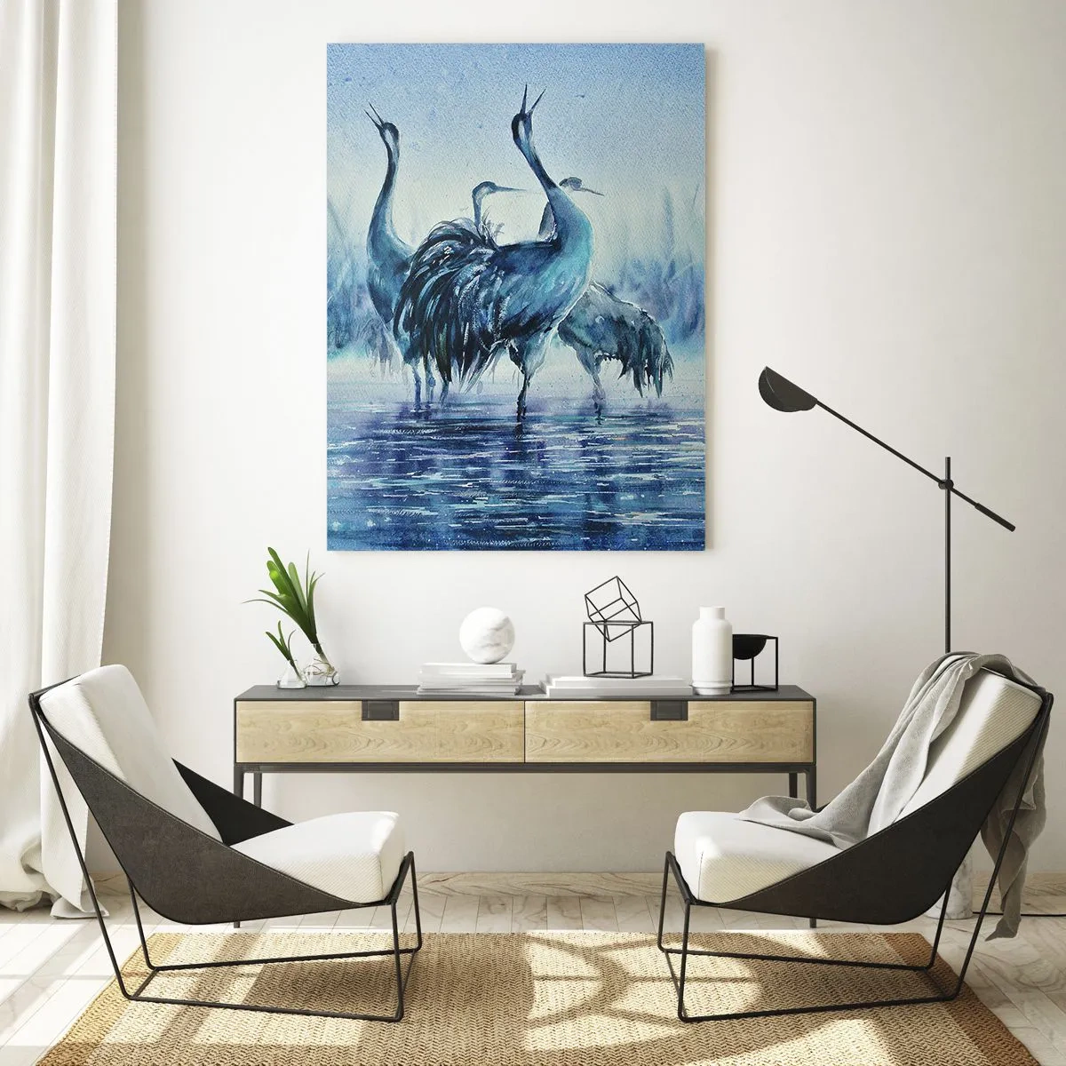 Quadro su vetro - Uccelli che guadano nell'acqua blu - 50x70cm - Incontro mattutino - Decorazione murale moderna per soggiorno e camera da letto ARTTOR