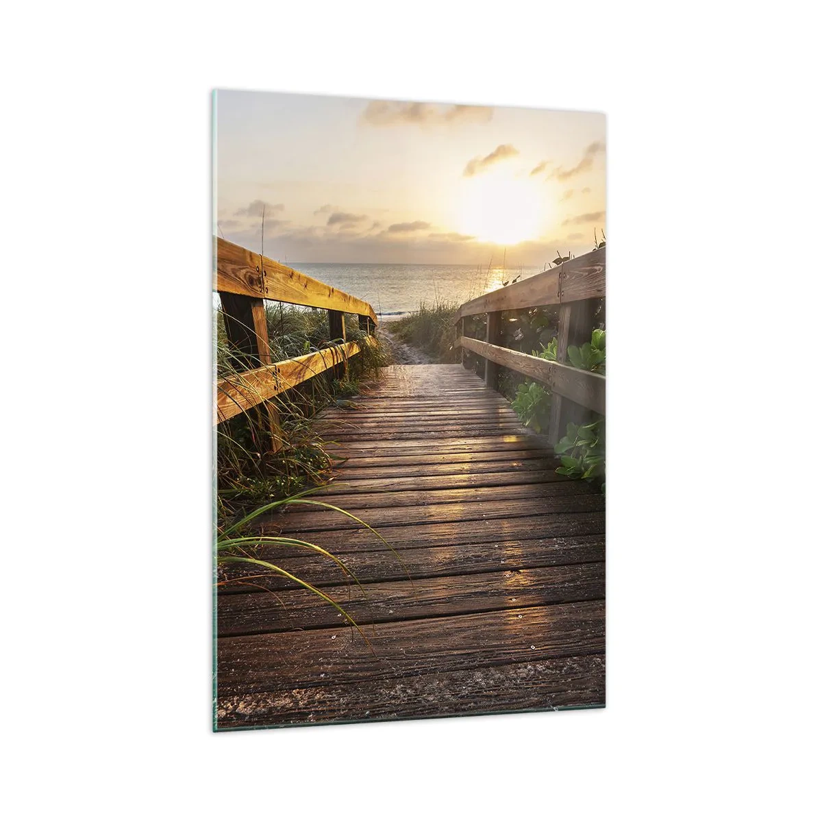 Quadro su vetro - Molo di legno che conduce alla spiaggia al tramonto - 70x100cm - Dritto verso la riva - Decorazione murale moderna per soggiorno e camera da letto ARTTOR