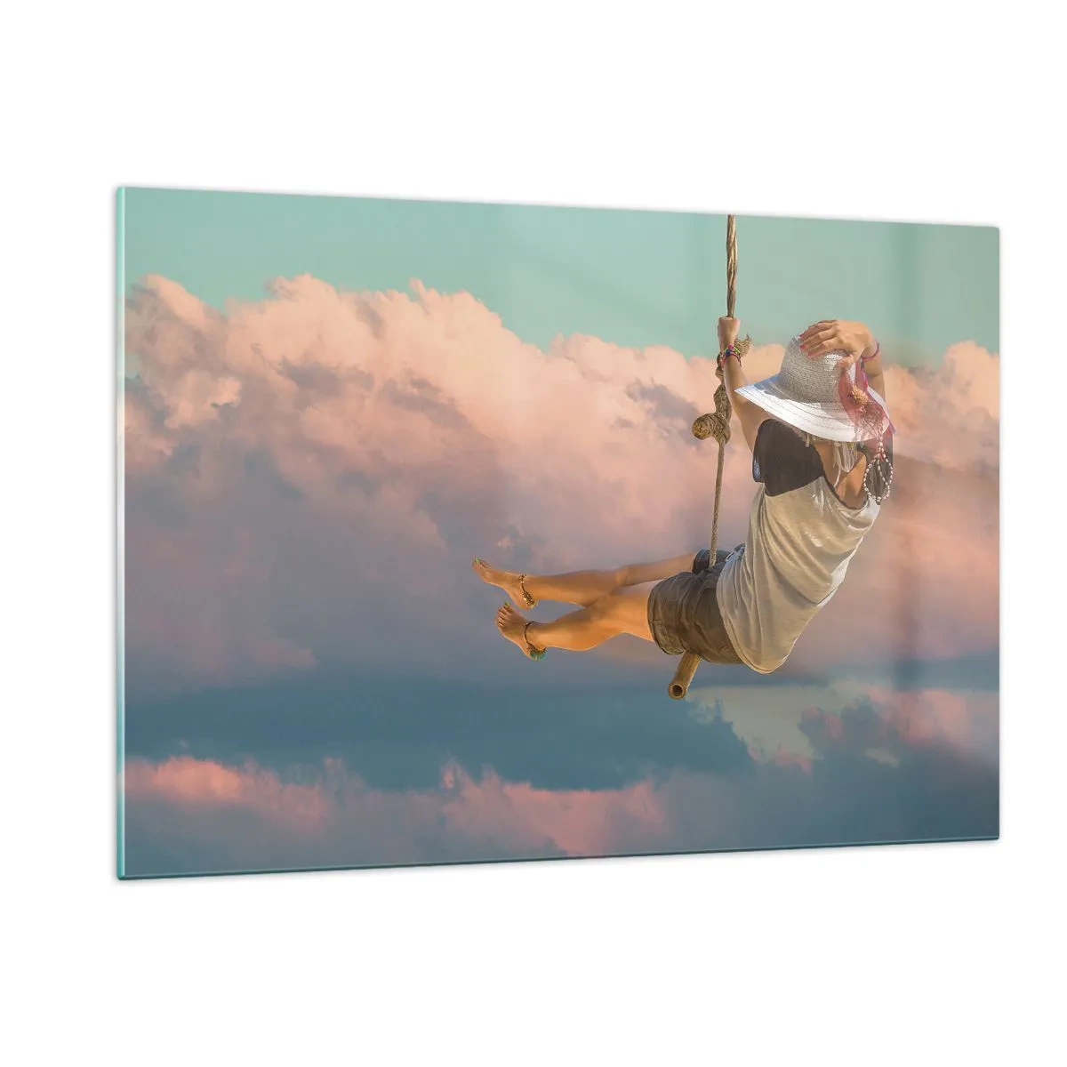 Quadro su vetro - Ragazza sull'altalena tra le nuvole rosa - 120x80cm - Divertimento tra le nuvole - Decorazione murale moderna per soggiorno e camera da letto ARTTOR