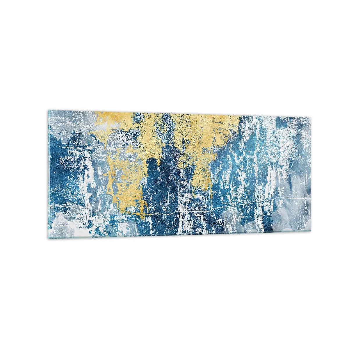 Quadro su vetro - Astrazione nei toni del blu e del giallo - 120x50cm - Astrazione piena di ottimismo - Decorazione murale moderna per soggiorno e camera da letto ARTTOR