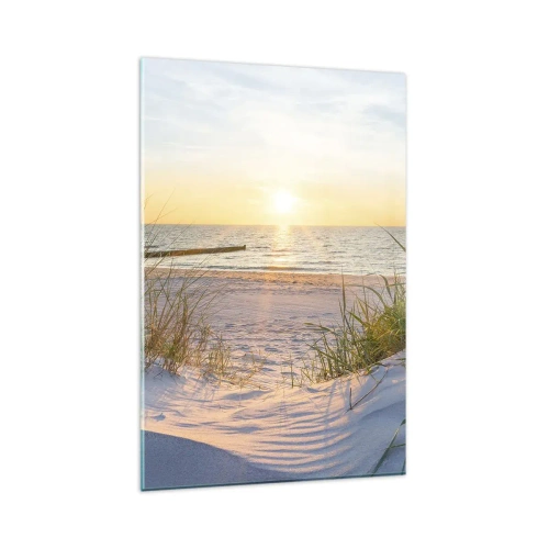 Quadro su vetro - Una spiaggia sabbiosa con vista sul tramonto sul mare - 80x120cm - Rumore del mare, uccelli che cantano, spiaggia selvatica tra i cespugli... - Decorazione murale moderna per soggiorno e camera da letto ARTTOR