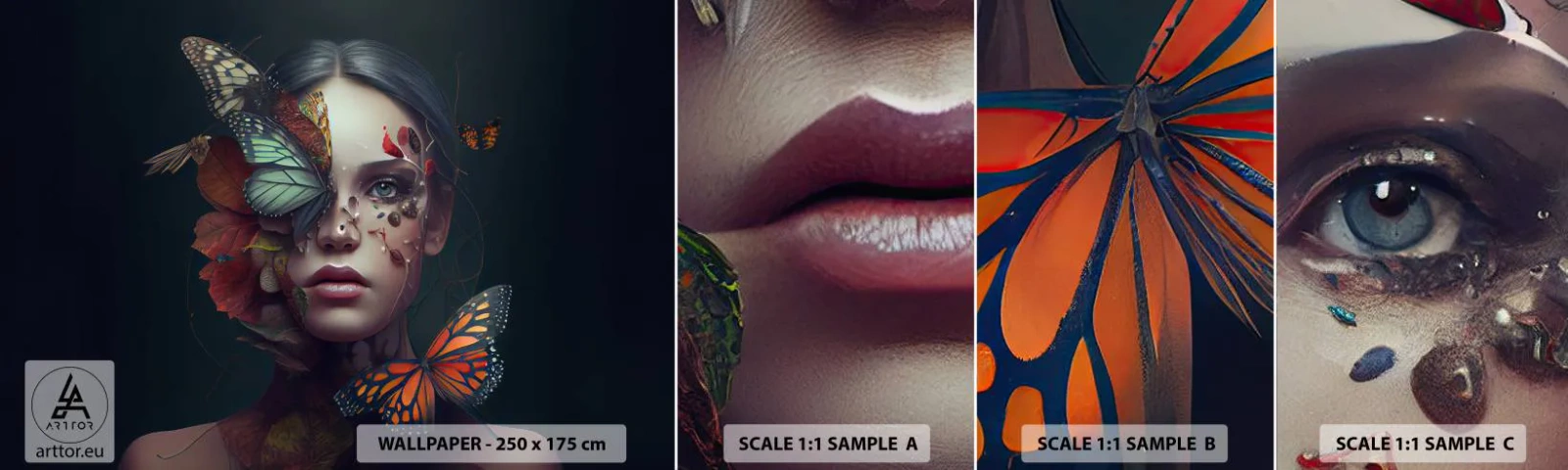 Campione di Fotomurale Adesivo Deluxe Sticker - Metamorfosi fantastica - Farfalle, Viso, Donna - 100x30 cm