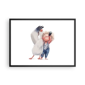 Poster in cornice nera - Illustrazione di un bambino con un pellicano e un telescopio in mano - 70x50cm - Il progetto di un grande viaggio - Decorazione murale moderna per soggiorno e camera da letto ARTTOR