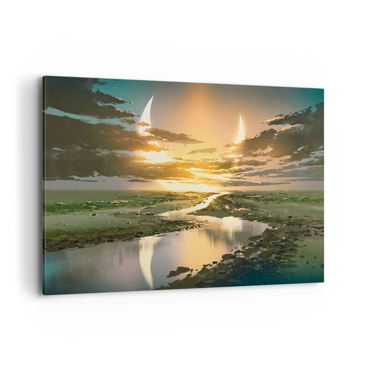 Quadro su tela - Stampe su Tela - Un paesaggio fantastico con due lune all'orizzonte - 120x80cm - Da qualche parte in una galassia lontana - Decorazione murale moderna per soggiorno e camera da letto ARTTOR
