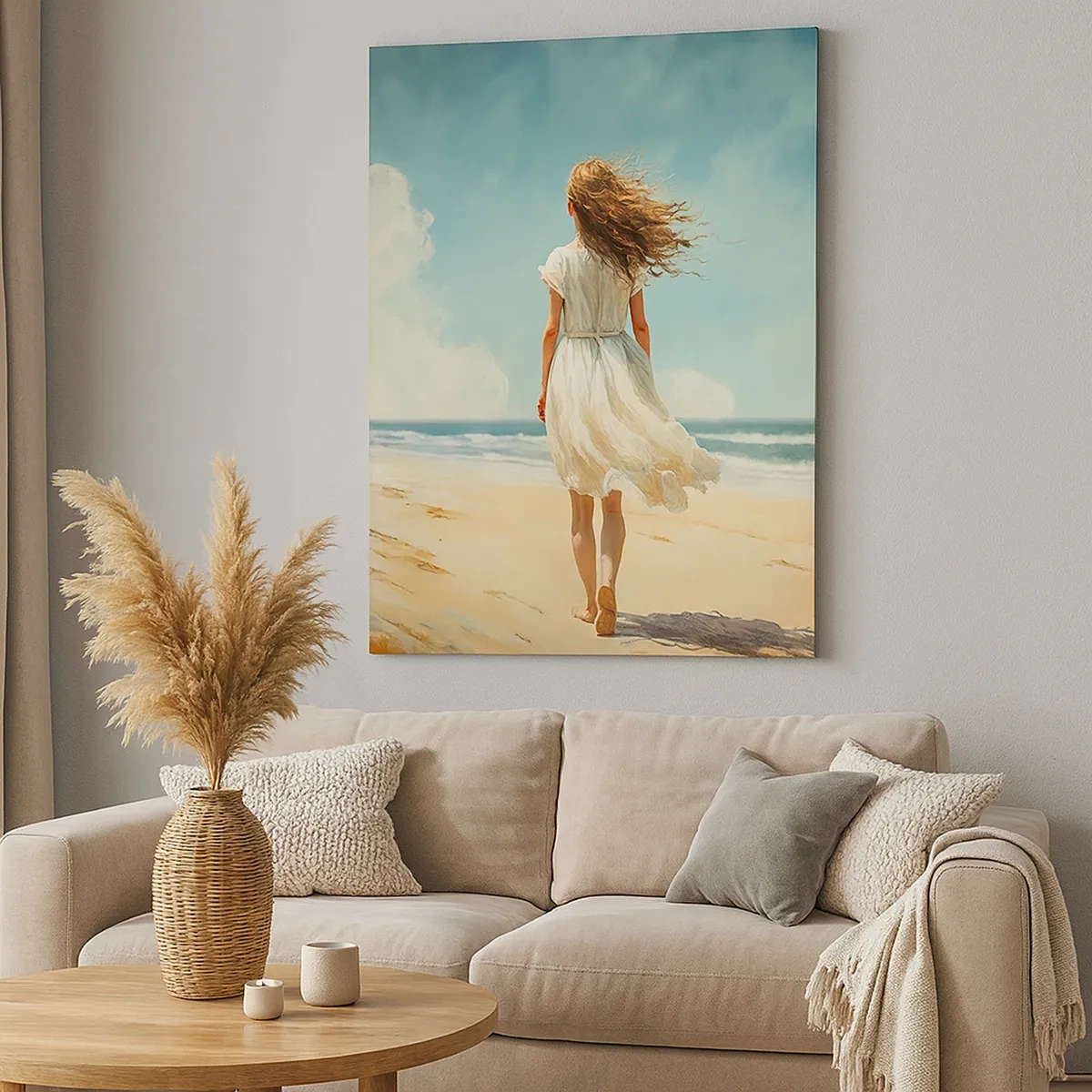 Quadro su tela - Stampe su Tela - Una donna in abito bianco che cammina sulla spiaggia in una giornata di sole - 50x70cm - Dove sole e vento si incontrano - Decorazione murale moderna per soggiorno e camera da letto ARTTOR