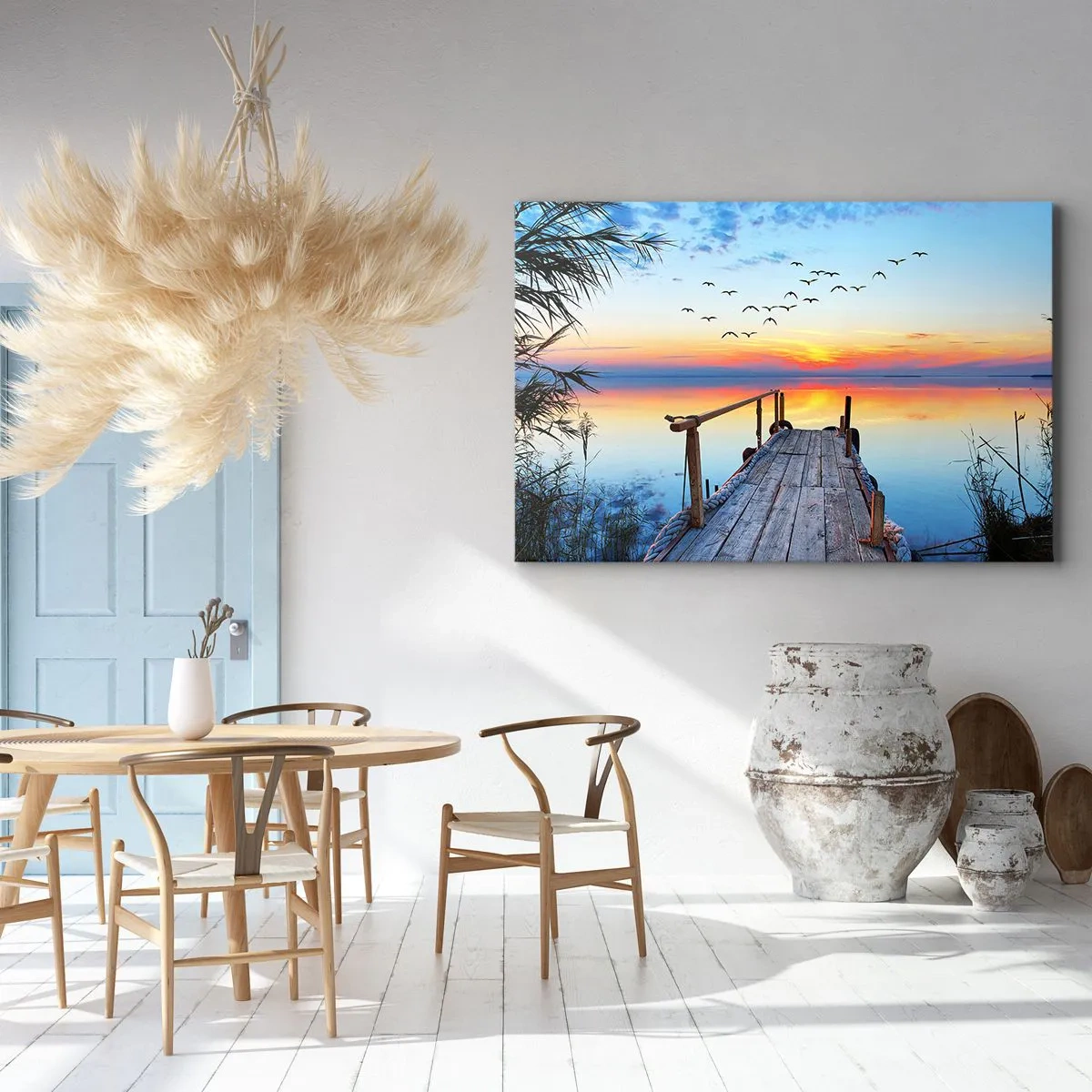 Quadro su tela - Stampe su Tela - Molo di legno sul lago al tramonto - 120x80cm - Il tempo del ritorno - Decorazione murale moderna per soggiorno e camera da letto ARTTOR