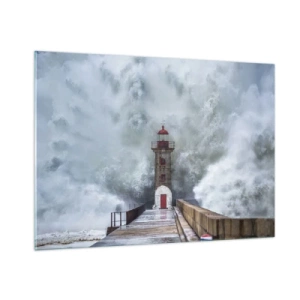 Quadro su vetro - Un faro viene colpito da un'onda potente. - 100x70cm - Fragore delle acque, rumore di tempesta - Decorazione murale moderna per soggiorno e camera da letto ARTTOR