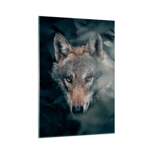 Quadro su vetro - Un lupo osserva vigile dal suo nascondiglio nel folto della foresta - 50x70cm - Cacciatore - Decorazione murale moderna per soggiorno e camera da letto ARTTOR
