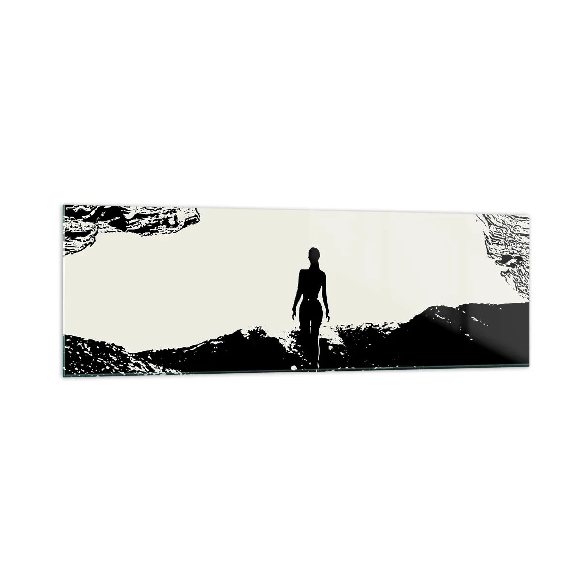 Quadro su vetro - Silhouette in bianco e nero di una donna in una grotta contro il cielo - 160x50cm - Un nuovo sguardo - Decorazione murale moderna per soggiorno e camera da letto ARTTOR