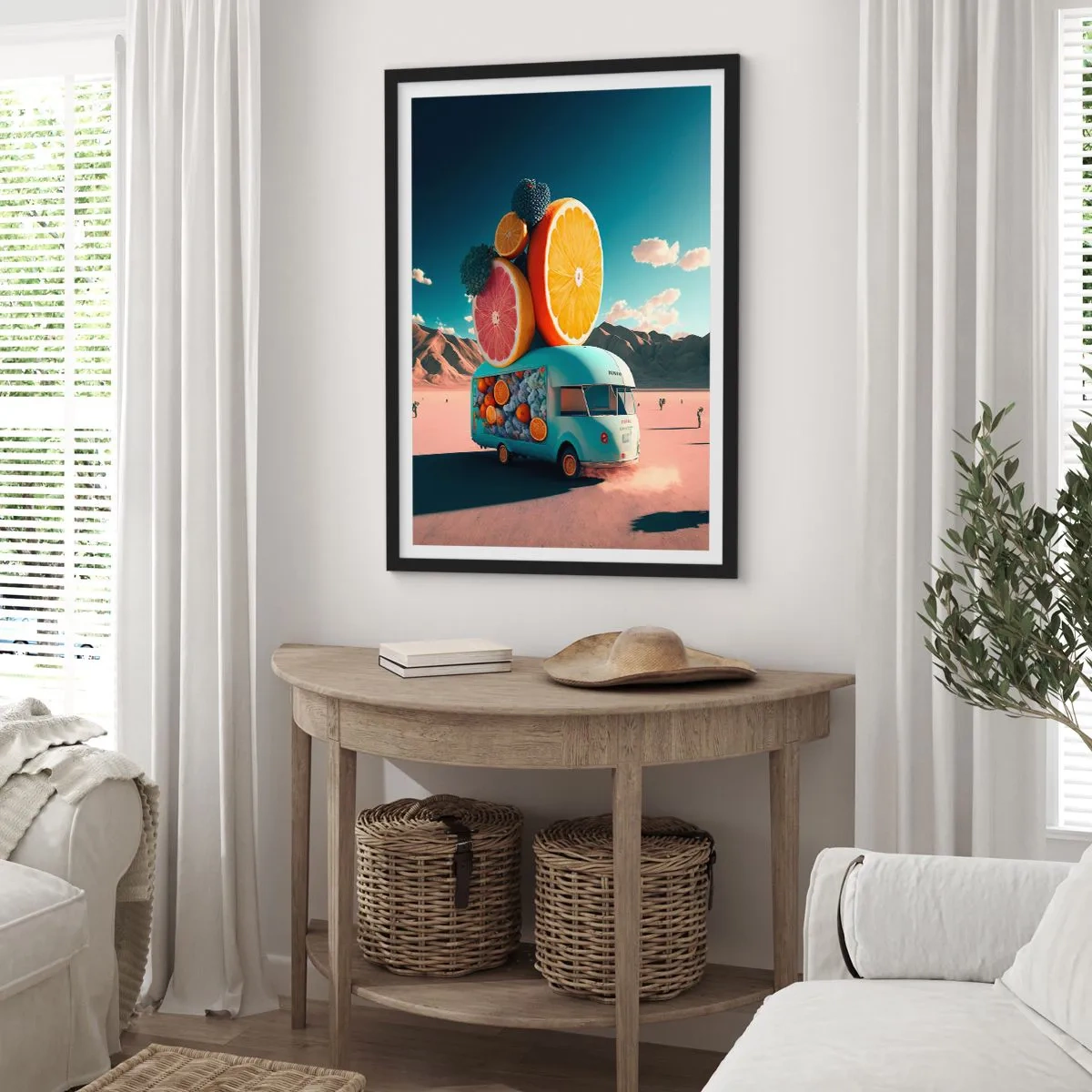 Poster in cornice nera - Un camioncino di frutta di lusso nel deserto - 50x70cm - Il sapore delle vacanze - Decorazione murale moderna per soggiorno e camera da letto ARTTOR