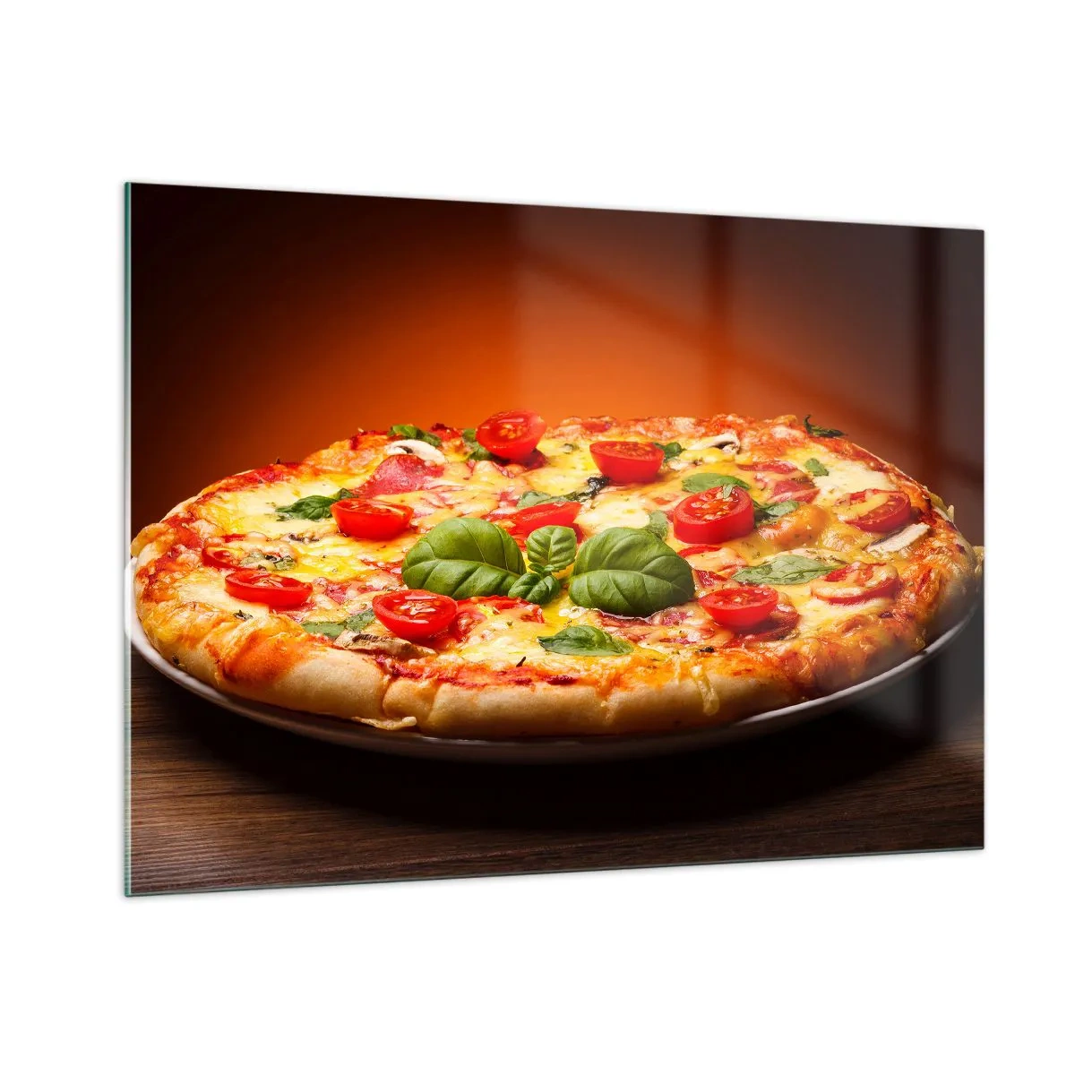Quadro su vetro - Pizza con pomodori, basilico e formaggio fuso - 100x70cm - Mamma mia! - Decorazione murale moderna per soggiorno e camera da letto ARTTOR