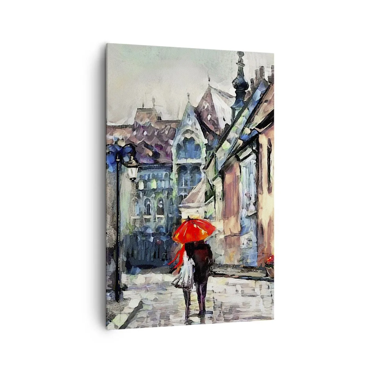 Quadro su tela - Stampe su Tela - Un'affascinante strada cittadina con una coppia sotto un ombrello rosso - 80x120cm - Pioggia per due - Decorazione murale moderna per soggiorno e camera da letto ARTTOR