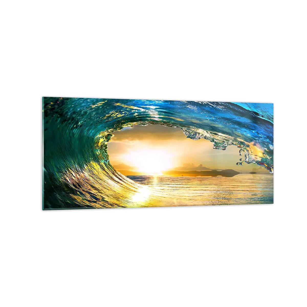 Quadro su vetro - Onda dell'oceano al sole con vista sull'orizzonte - 120x50cm - Nel cristallo oro e smeraldo - Decorazione murale moderna per soggiorno e camera da letto ARTTOR