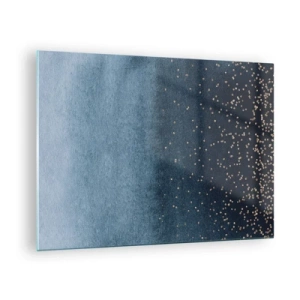 Quadro su vetro - Sfumature blu navy con piccoli puntini dorati - 70x50cm - Composizione: fasi blu - Decorazione murale moderna per soggiorno e camera da letto ARTTOR