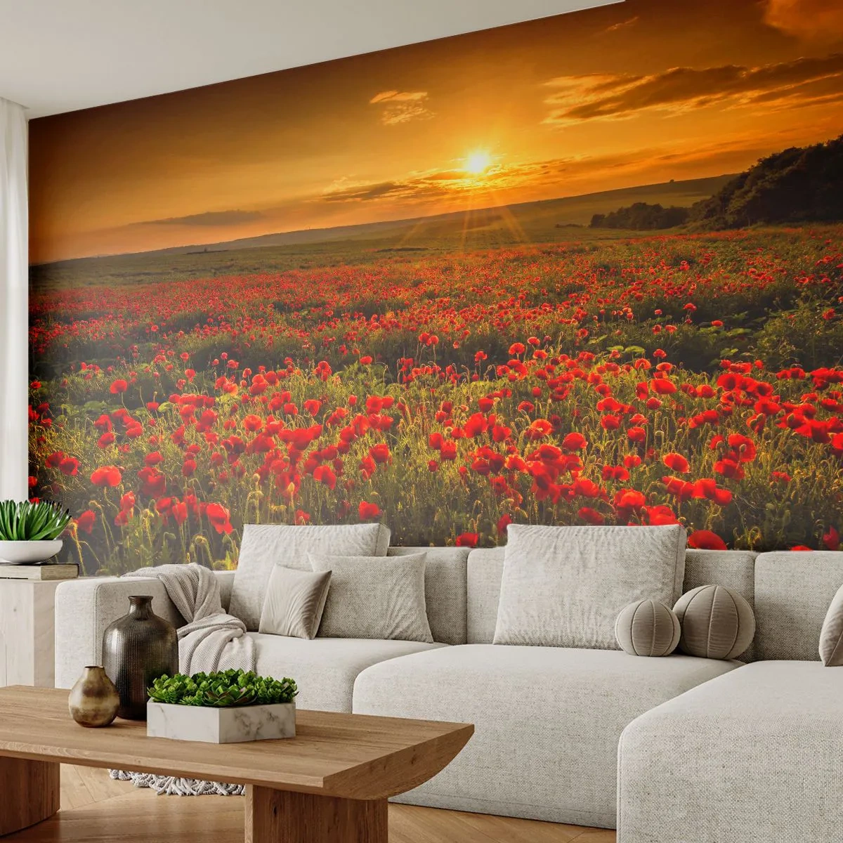 Fotomurali Premium Sand - Un campo di papaveri al tramonto - 100x70cm - Tra il fruscio delle erbe, in un'esplosione di fiori - Decorazione murale moderna per soggiorno e camera da letto ARTTOR