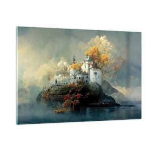 Quadro su vetro - Un castello su una roccia circondato da nebbia e alberi autunnali - 120x80cm - Inizio di una storia romantica - Decorazione murale moderna per soggiorno e camera da letto ARTTOR